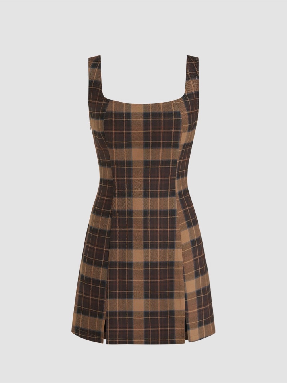 Plaid Square-Neck Mini Dress in Brown